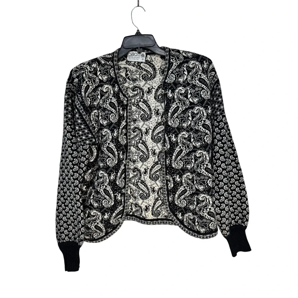 Ciao Ltd Vintage 100% Wool Paisley Cardigan Sweater Silver Dome Buttons Black 16